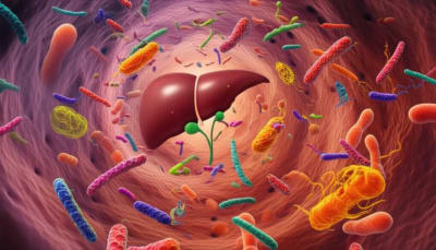 Microscopic view of infant's gut, illustrating the balance of gut microbiota in relation to infant health.