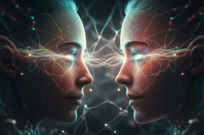 Glowing pupils connected by brain network, symbolizing social connection