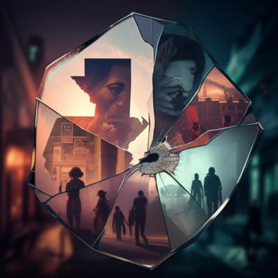 Shattered mirror reflecting Guatemala's present and past, symbolizing the lasting impact of historical conflicts.