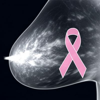 Mammogram image showing breast density with a pink ribbon overlay.