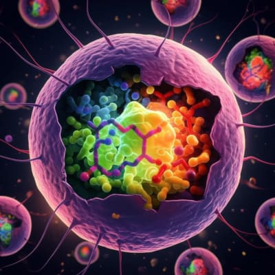 Microscopic view of a yeast cell with Mpo1 enzyme breaking down lipid molecules.