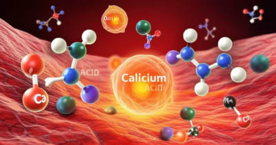 Surreal digital illustration of retinoic acid and calcium molecules influencing human stem cells.