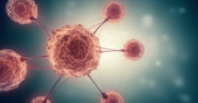 Illustration of cancer cells spreading from a central tumor, highlighting metastasis to lungs and lymph nodes.