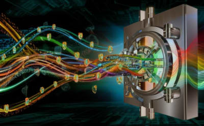 Data streams flow into a secure vault, symbolizing data protection and privacy.