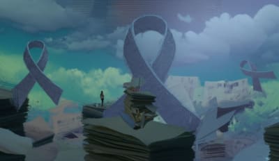Person balancing medical bills with cancer ribbon shadow.