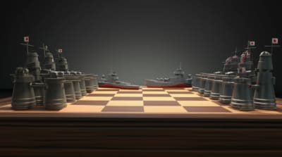 Chessboard with battleships symbolizing US-Japan tensions before Pearl Harbor.