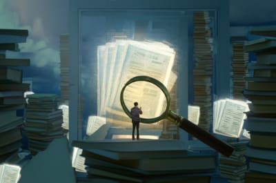 Person using a magnifying glass examining a glowing medical research paper.