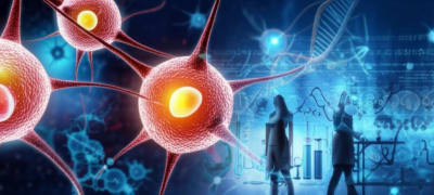 Microscopic view of cancer cells with brightly illuminated HER2 overexpression.