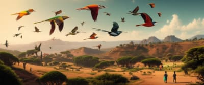 Diverse bird species flying over Ethiopian landscape symbolizing avitourism.