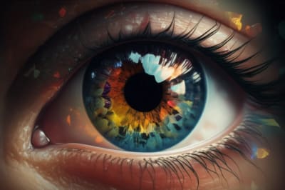Surreal illustration of a crystalline lens with gene expressions, symbolizing single-cell analysis and vision.