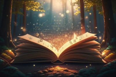 Open book in a forest with glowing fireflies representing adjectives illuminating scientific concepts.