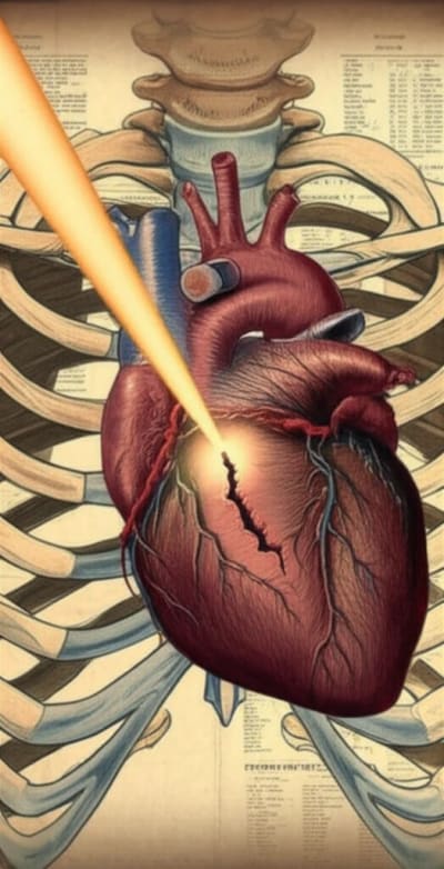 Illustration of a heart with a rupture inside a ribcage, symbolizing blunt force trauma.