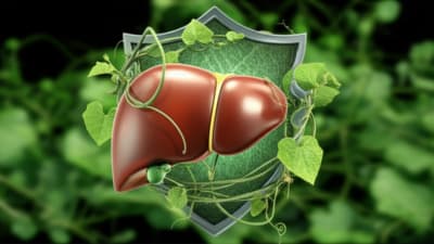 Vibrant, healthy liver protected by Solena amplexicaulis vines, symbolizing natural liver protection.