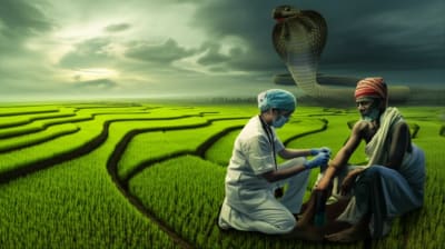 Rural Indian landscape with rice paddies, a looming cobra, and a medical professional administering antivenom to a farmer.