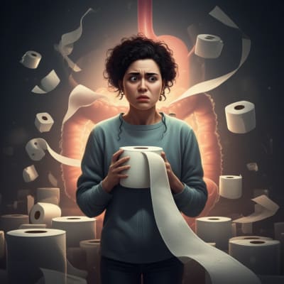 Person surrounded by toilet paper, symbolizing chronic diarrhea