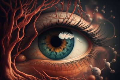 Stylized illustration of a human eye protected by intricate blood vessels.