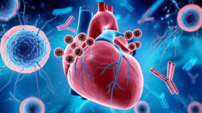 Exosomes attacking a transplanted heart, symbolizing transplant rejection.
