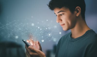 A young adult using a smartphone for chronic health management with digital networks in the background.