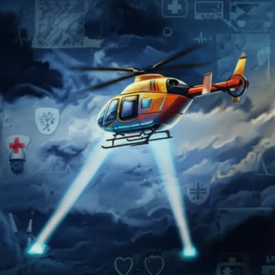 Stylized helicopter flying safely through a stormy sky, guided by safety protocols.