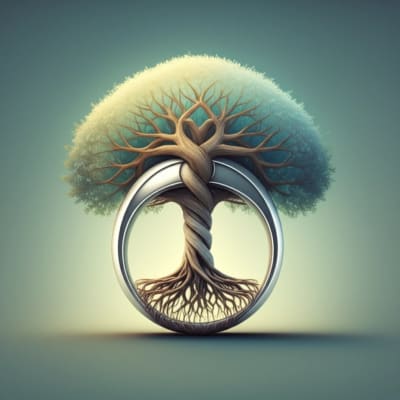Wedding ring intertwined with a tree of life, symbolizing marriage and longevity in the context of cancer survival.