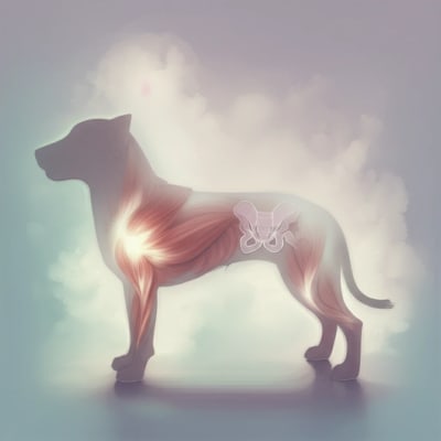 Dog silhouette with glowing muscle fibers representing perineal hernia repair.