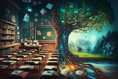 Contrasting landscapes merging symbolizing educational philosophies.