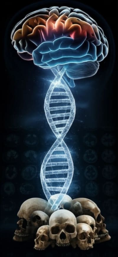 DNA double helix merging with ancient skulls and a brain scan