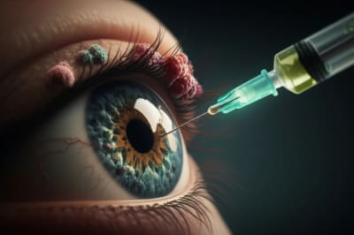 Microscopic injection of caspofungin targeting a fungal infection in a human eye.