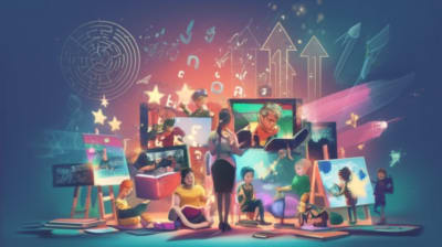 Illustration of teacher surrounded by children learning, with quality assurance symbols.