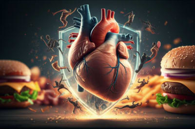 Heart protected by figures symbolizing physical activity against high-fat meal.