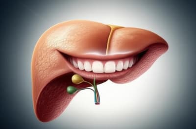 Healthy liver intertwined with a radiant smile, symbolizing the connection between liver and dental health.