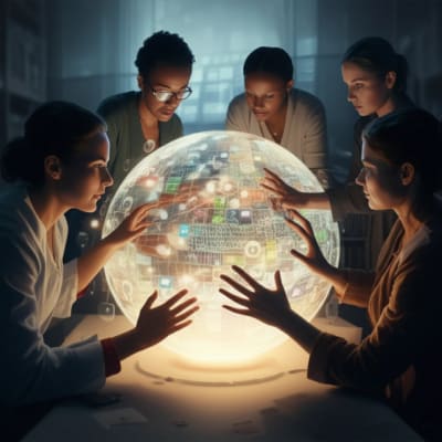 Diverse librarians collaborating around a social media globe.