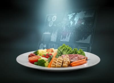 Digital illustration of a balanced meal transforming into a digital interface, representing modern diabetes meal planning.
