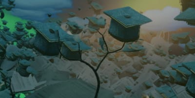 A classification tree metaphor: Graduation caps grow on the branches of a decision-making tree, symbolizing data-driven decisions in pharmacy school admissions.