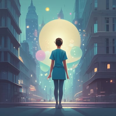 Surreal illustration representing nurse job satisfaction with glowing orbs.