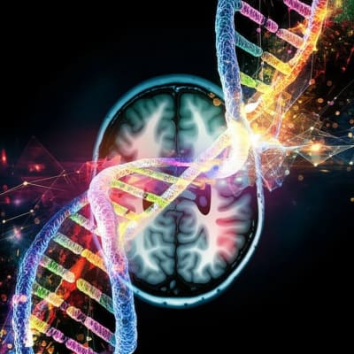 DNA strand merging into a brain scan highlighting medial temporal lobe with Alzheimer's risk genes.