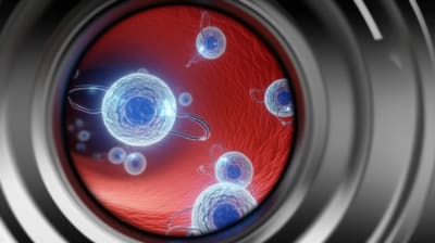 Glowing blue nanocarriers targeting cancer cells.