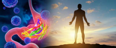 Microscopic view of gastric cancer cells with DLGAP4 protein highlighted, merging into a hopeful sunrise over a stylized human figure.