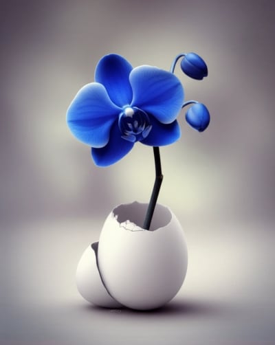 Cracked eggshell with cobalt blue orchid blooming inside, symbolizing fragility and hope in the context of teen depression.