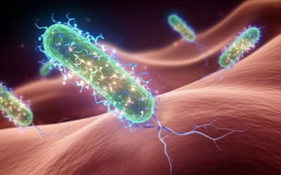 Lactobacillus bacteria adhering to intestinal cells with glowing S-layer proteins.