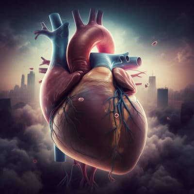 Smog obscures a human heart, symbolizing the impact of air pollution on cardiovascular health.