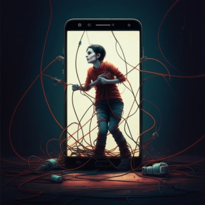 Person trapped inside a smartphone screen, symbolizing internet addiction.