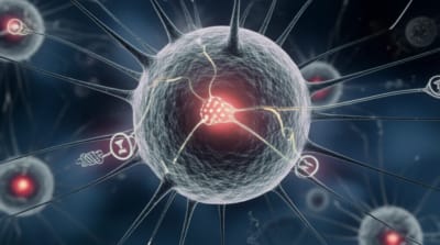 Melanoma cell with intertwined beta-adrenoceptor pathways, symbolizing the connection between stress hormones and tumor growth.