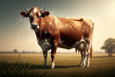 Brown Swiss cow with neural network overlay