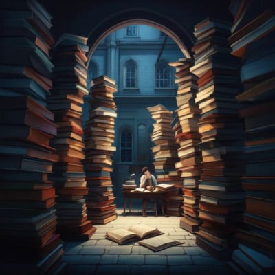 Surreal illustration of a university campus with towering books symbolizing the pressure to publish.