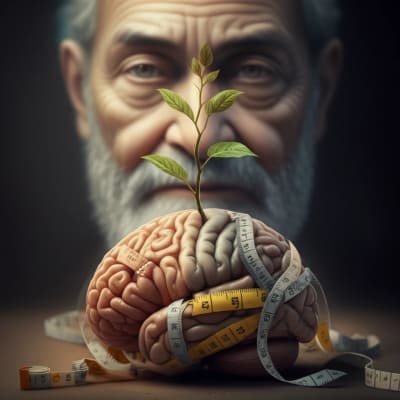 Brain tangled in measuring tape with a single plant growing upwards.