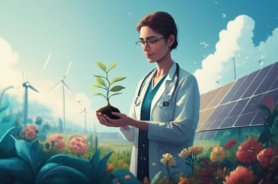 A doctor holding a seedling in a community garden, symbolizing climate-smart healthcare.