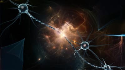 Surreal illustration of a glowing neuron with cosmic background.