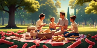 Surreal illustration depicting the hidden risks of E. coli in common food settings.