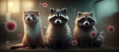 Mink, fox, and raccoon dog showing signs of illness, representing the spread of Mink Circovirus in fur farms.